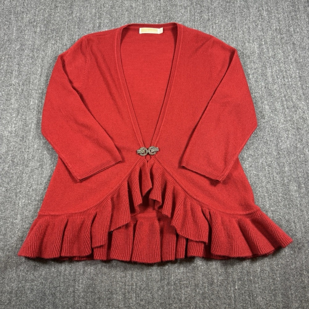 Christina Womens L Red Ruffle Cardigan Sweater Rhinestone Clasp Open Front